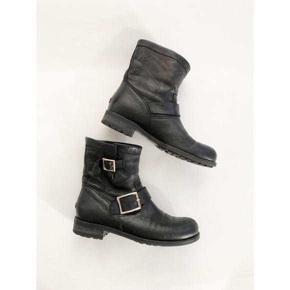 JIMMY CHOO Black Leather with Buckles Youth Biker Boots 38 - Picture 3 of 13